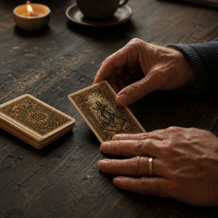 Mãos a virar uma carta de tarot